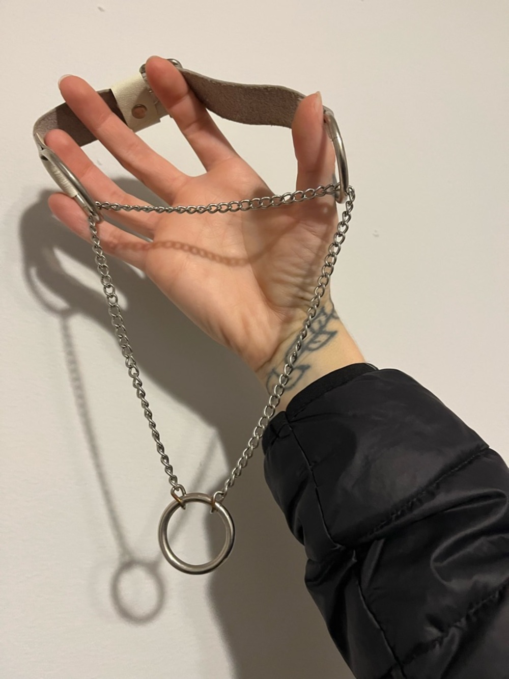 Silver Chain choker with White Leather Strap
